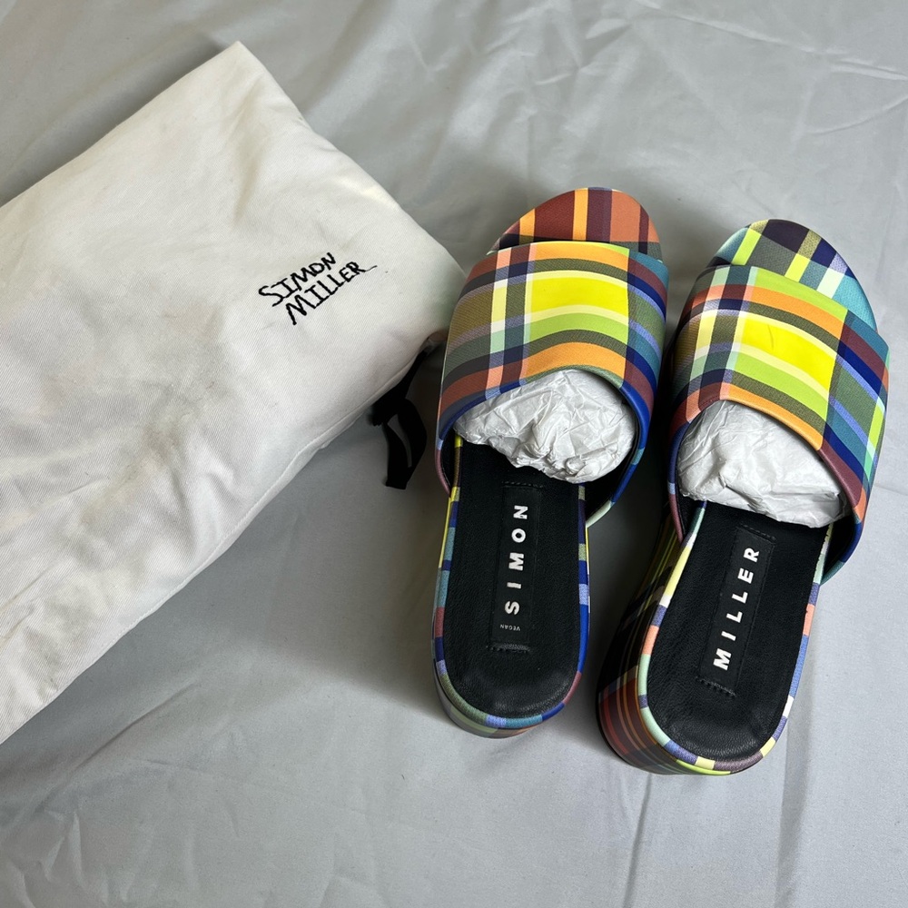 Simon Miller Retro Yellow Check Plaid Leather Blackout Platform Slide Sandals